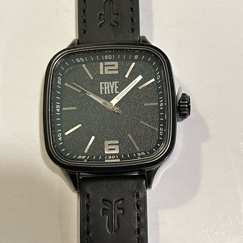 Frye Bowery Watch With 41mm Square Black Face & Black Leather Band